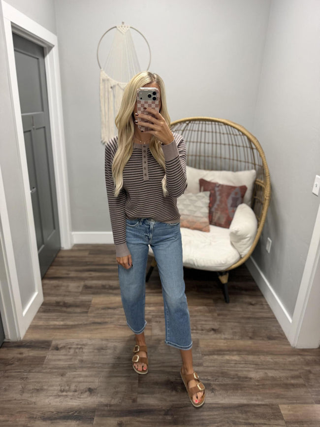 MARLIE MOCHA AND BROWN STRIPED HENLEY TOP
