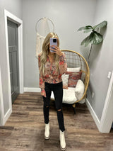 PRISCILLA FLORAL ABSTRACT SMOCKED BLOUSE