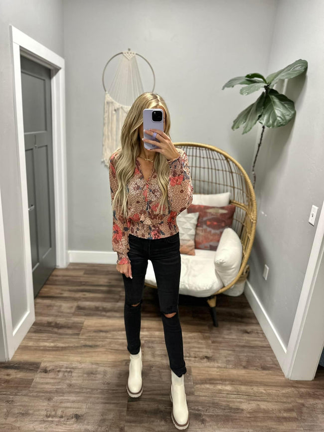 PRISCILLA FLORAL ABSTRACT SMOCKED BLOUSE