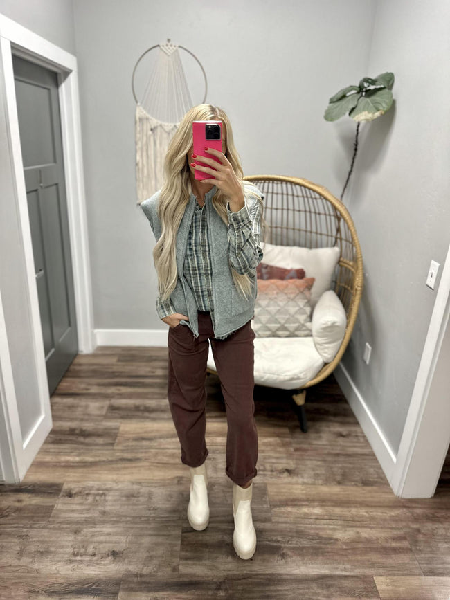JANIECE DUSTY BLUE ZIP FRONT SWEATER VEST TOP