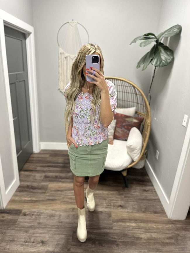 SAGE WASHED CARGO SKIRT KNEE LENGTH