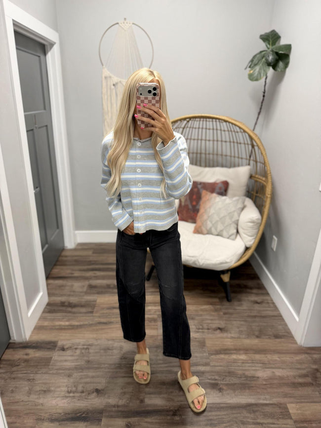 JONNIE GREY AND BLUE STRIPE CARDIGAN TOP