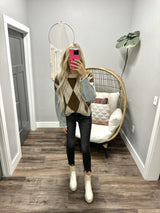 TYANN BROWN ARGYLE PRINT DENIM SLEEVE SWEATER TOP