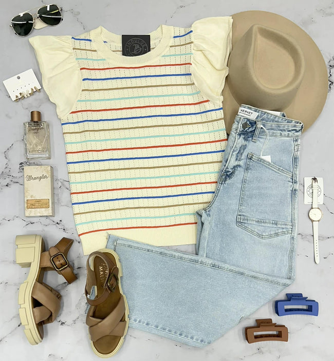 CAMI CREAM MULTI STRIPE FLUTTER SLEEVE SWEATER TOP