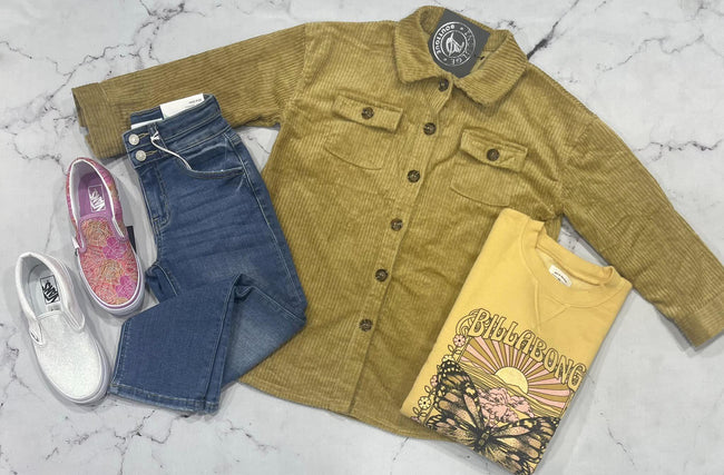 GIRLS MUSTARD BUTTON UP SHACKET