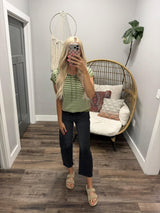 BETTY DARK SAGE STRIPE HOODED SHORT SLEEVE TOP