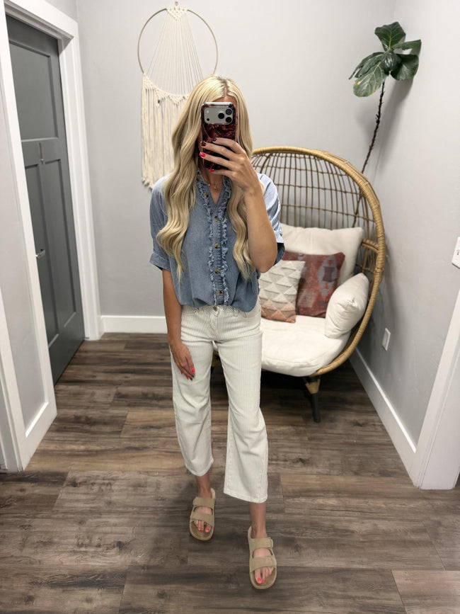 ALISSA FRAY DENIM BUTTON UP BLOUSE TOP