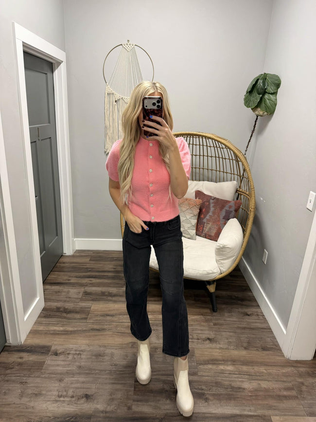 TACI PINK FUZZY SHORT SLEEVE GEM BUTTON CARDIGAN TOP