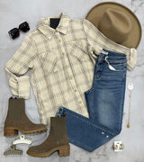 NOVA CREAM AND TAUPE STRIPE BUTTON UP PLAID TOP