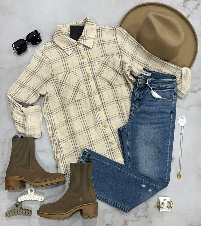 NOVA CREAM AND TAUPE STRIPE BUTTON UP PLAID TOP
