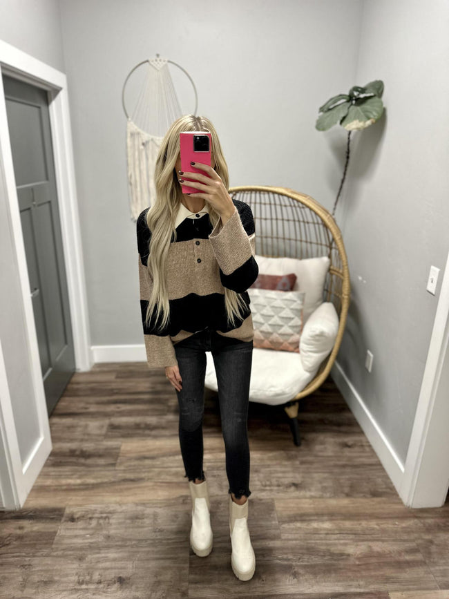 LAYLA BLACK TAUPE CREAM BUTTON UP HENLEY TOP