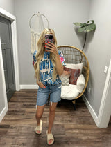 JANDIE BLUE EMBROIDERED SLEEVE BLOUSE