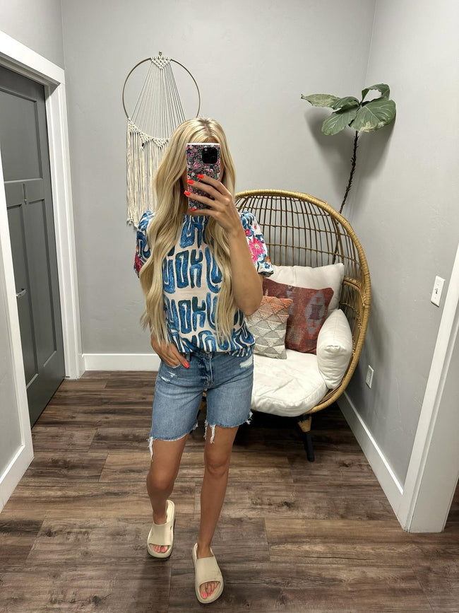 JANDIE BLUE EMBROIDERED SLEEVE BLOUSE