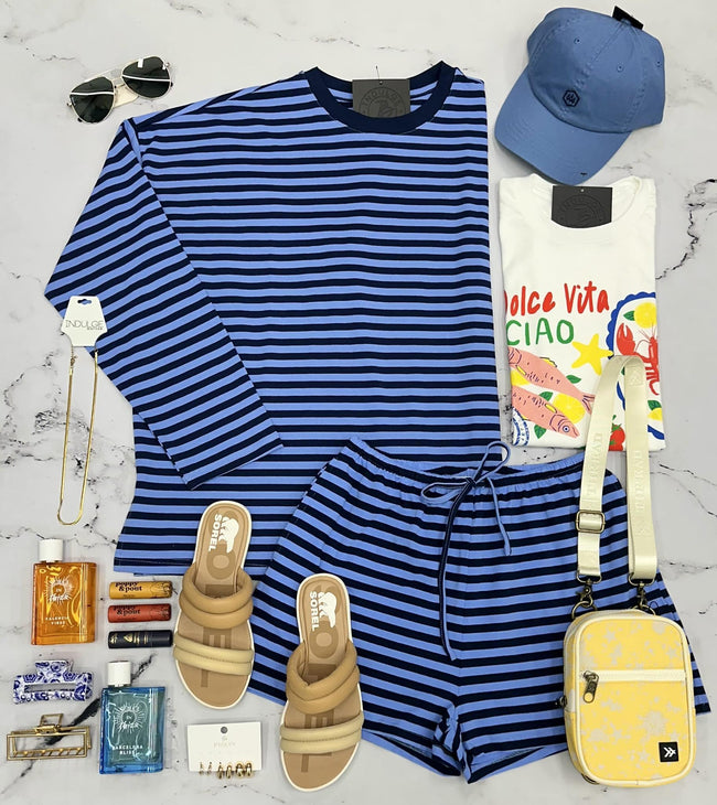 ASHTON BLUE STRIPE 2 PIECE SHORT SET