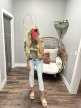 LEAH OLIVE AND CREAM STRIPE HENLEY KNIT TOP