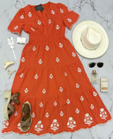 KORI POPPY FLORAL EMBROIDERED MIDI DRESS