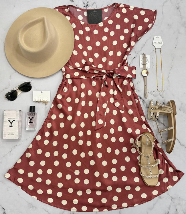 RYLEE RUBY RED POLKA DOT SATIN DRESS