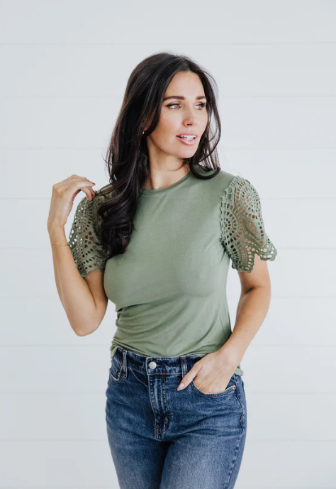 PEBBLE GREEN CROCHET SHORT SLEEVE BLOUSE TOP