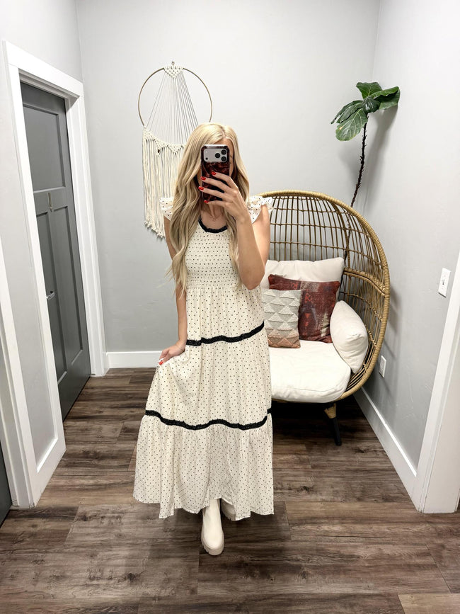 PENNY CREAM POLKA DOT FLUTTER SLEEVE DRESS