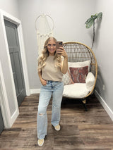 LYLA TAUPE ACID WASH BUTTON BACK KNIT SHORT SLEEVE SWEATER TOP