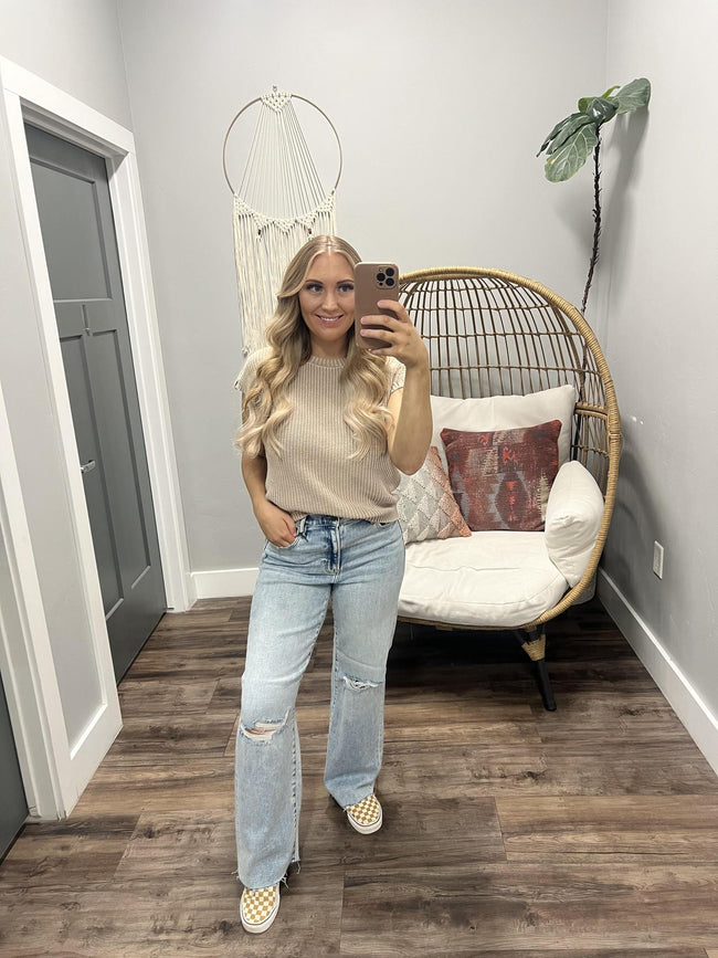 LYLA TAUPE ACID WASH BUTTON BACK KNIT SHORT SLEEVE SWEATER TOP