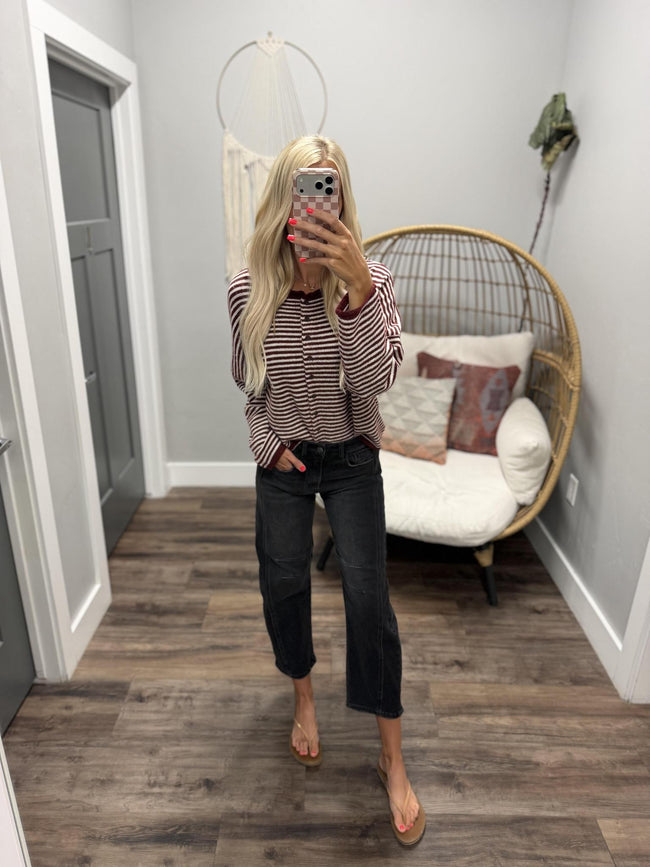 ANDREA BURGUNDY STRIPE CARDIGAN TOP
