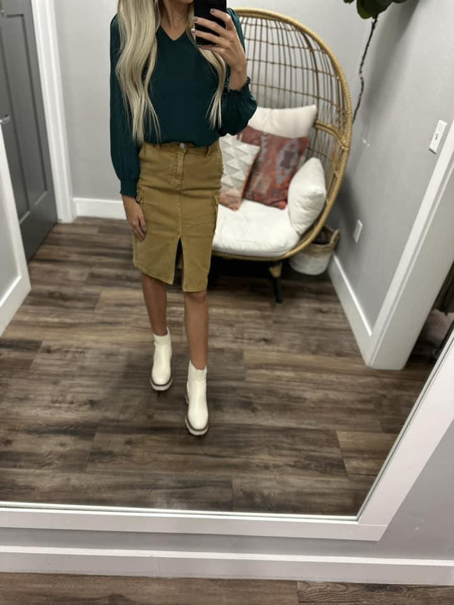 ON YOUR RADAR CAMEL CARGO SLIT SKIRT