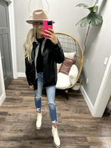 REBEL HEART BLACK LEATHER TWOFER HOODED JACKET