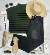 RONNIE OLIVE AND BLACK STRIPE SWEATER TOP