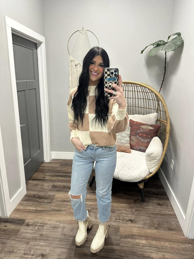 CHECKING IN ON YOU TAUPE AND CREAM SWEATER
