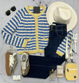 MARLIE BLUE WHITE AND YELLOW STRIPE CARDIGAN TOP