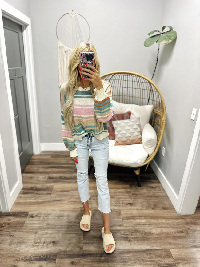 MAKELLE TEAL AND PINK STRIPE SWEATER TOP