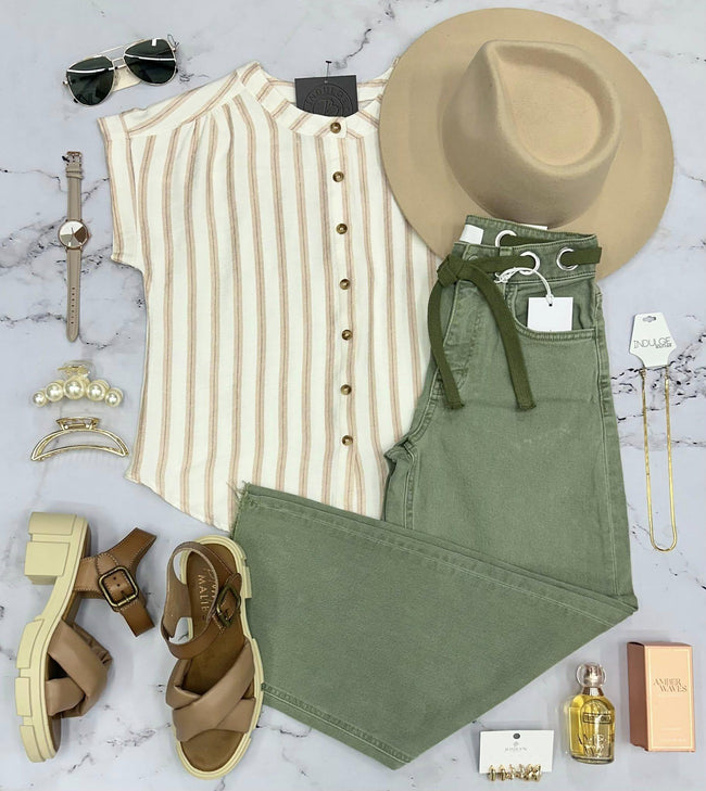 LINDA BLUSH STRIPE BUTTON UP BLOUSE TOP