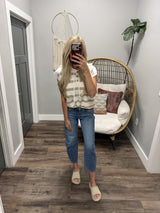 TIFFANY TAUPE IVORY STRIPE BUTTON UP HOODED TOP