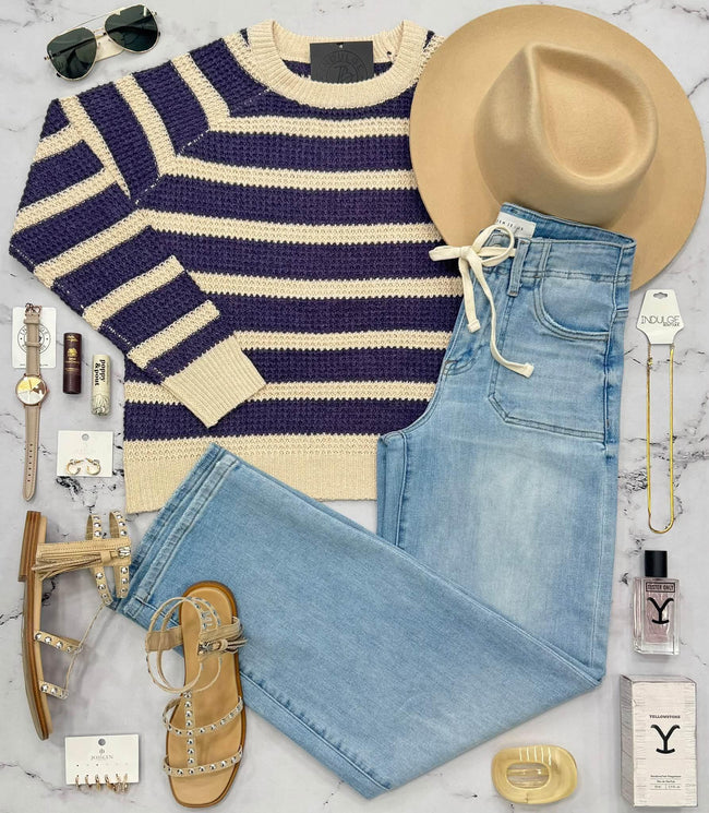 KARA PURPLE STRIPE KNIT SWEATER TOP