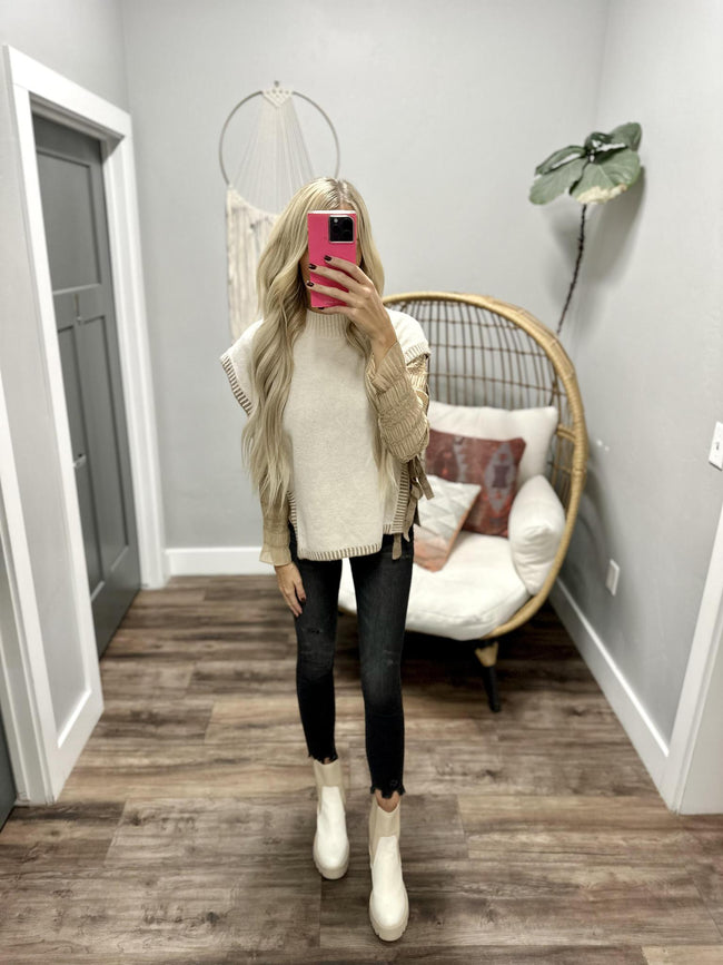 KAYCEE CREAM AND TAUPE TIE SIDE SWEATER VEST