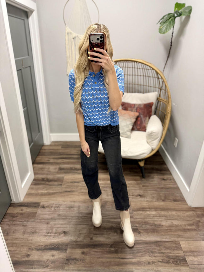 KORA OCEAN BLUE KNIT HENLEY TOP