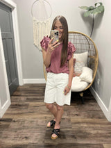 DENISE MAUVE RUFFLED SLEEVE SHORT SLEEVE BLOUSE