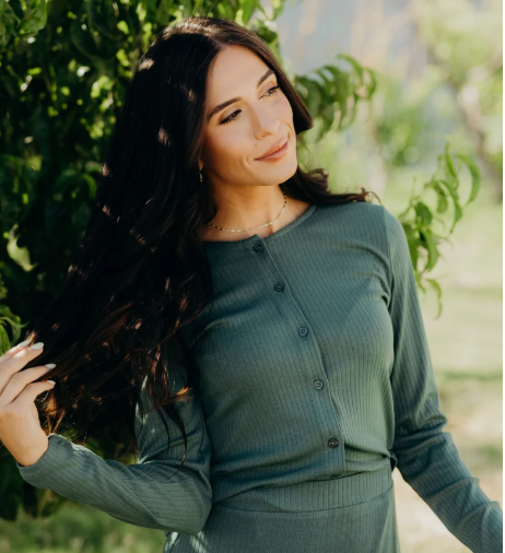 JULIE EVERGREEN POINTELLE BUTTON FRONT CARDIGAN TOP