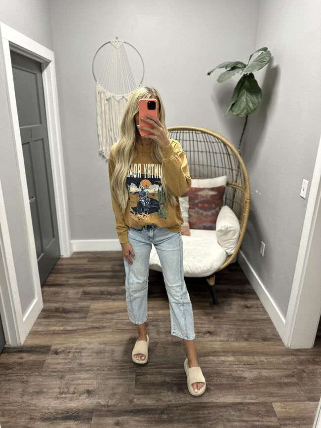 MUSTARD COUNTRY ROADS GRAPHIC CREW SWEATERS