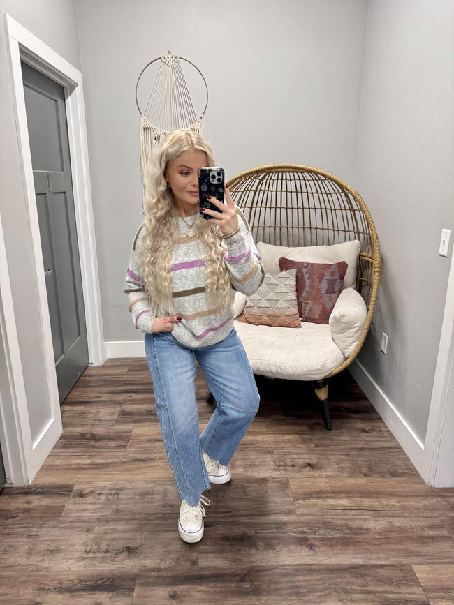 JOEY HEATHER GREY MULTI COLOR STRIPE SWEATER TOP