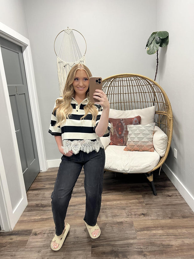 JACKIE BLACK AND CREAM LACE POLO BLOUSE TOP