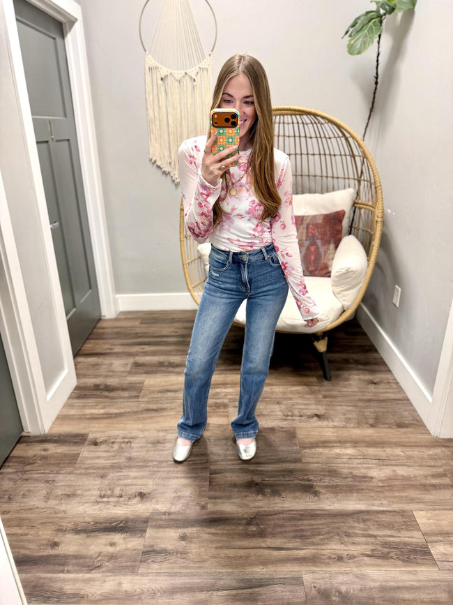 HADLIE PINK FLORAL MESH LONG SLEEVE TOP