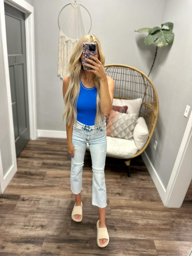 WHO AM I RIBBED COBALT RINGER TANK