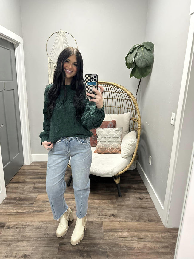 TORI FOREST GREEN CABLE KNIT COZY SWEATER