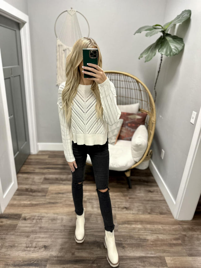 BRIELLE WHITE POINTELLE KNIT SWEATER TOP