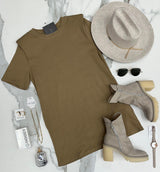 THE PERFECT MOMENT PUFF SLEEVE T SHIRT DRESS TAUPE