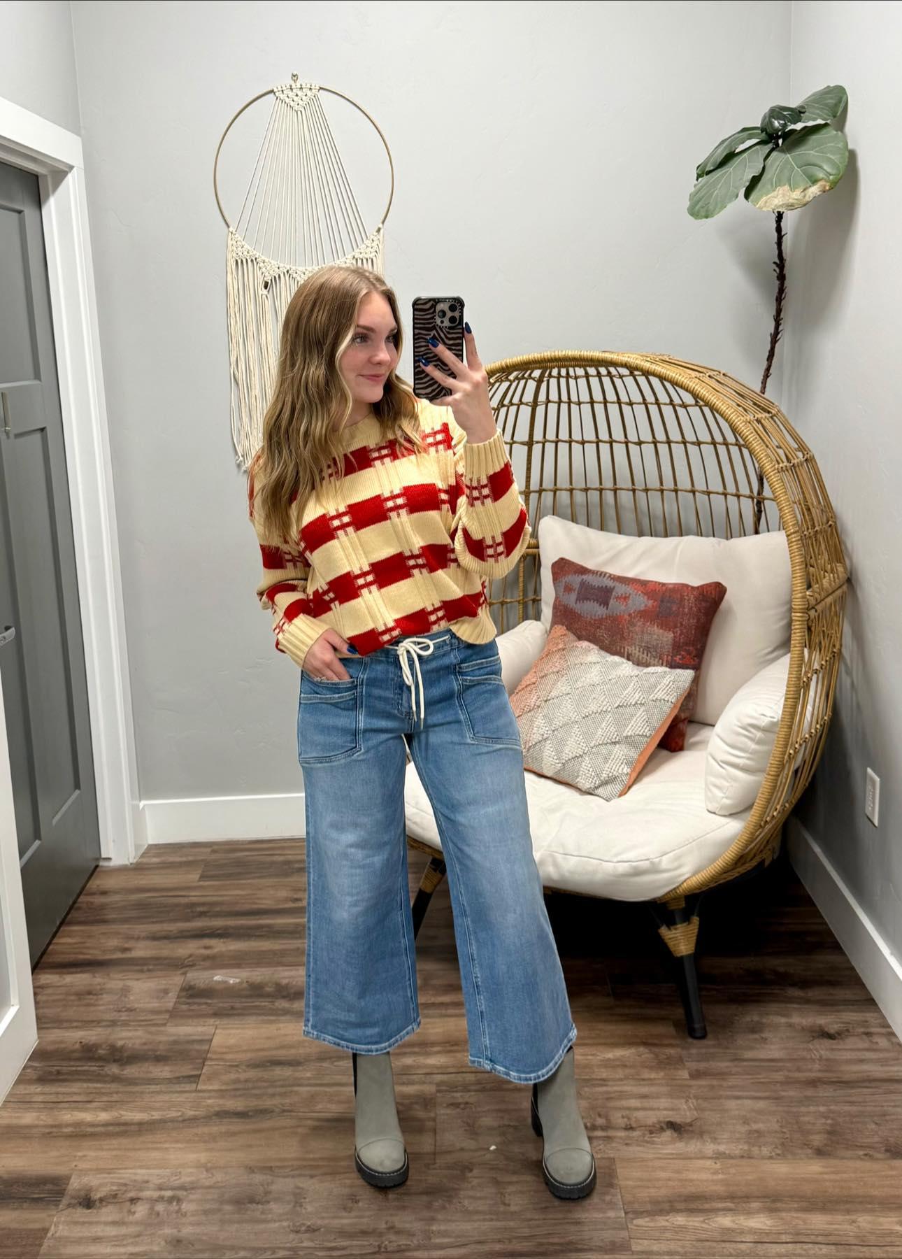 SARA RED BRICK TEXTURE STRIPE SWEATER TOP