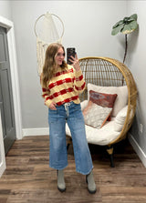 SARA RED BRICK TEXTURE STRIPE SWEATER TOP
