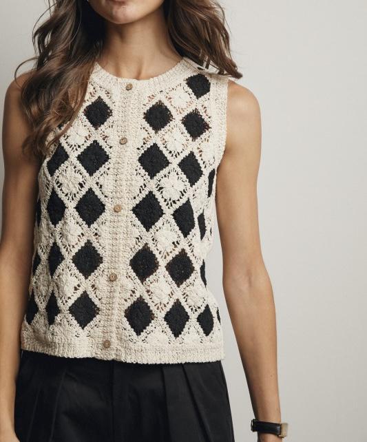 SHARLA BLACK AND OATMEAL CROCHET KNIT DETAIL VEST